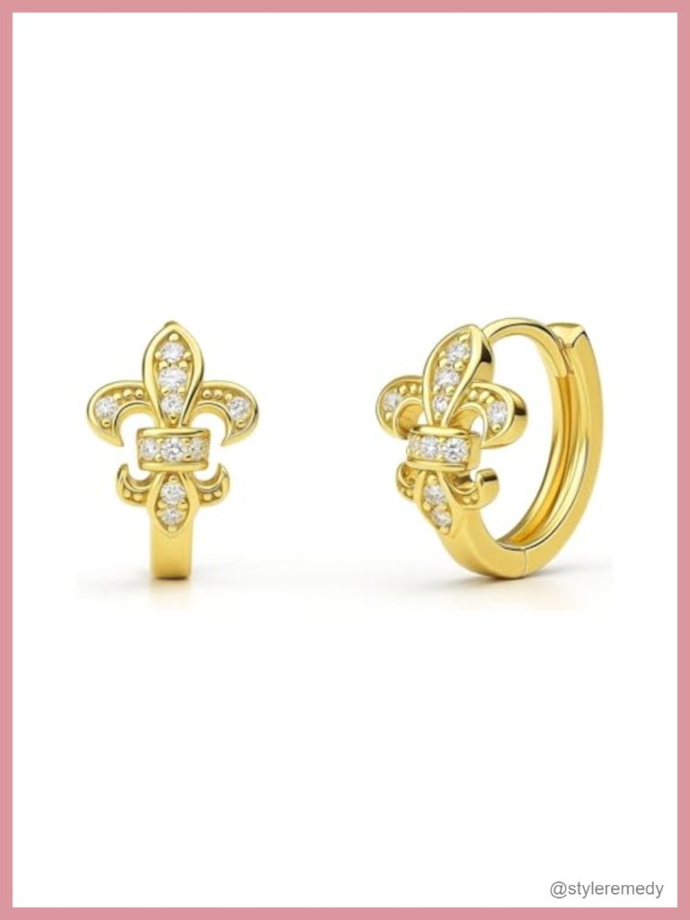 Sterling Silver CZ Fleur De Lis Huggie Earrings Gold Flashed Hoop 0.5in